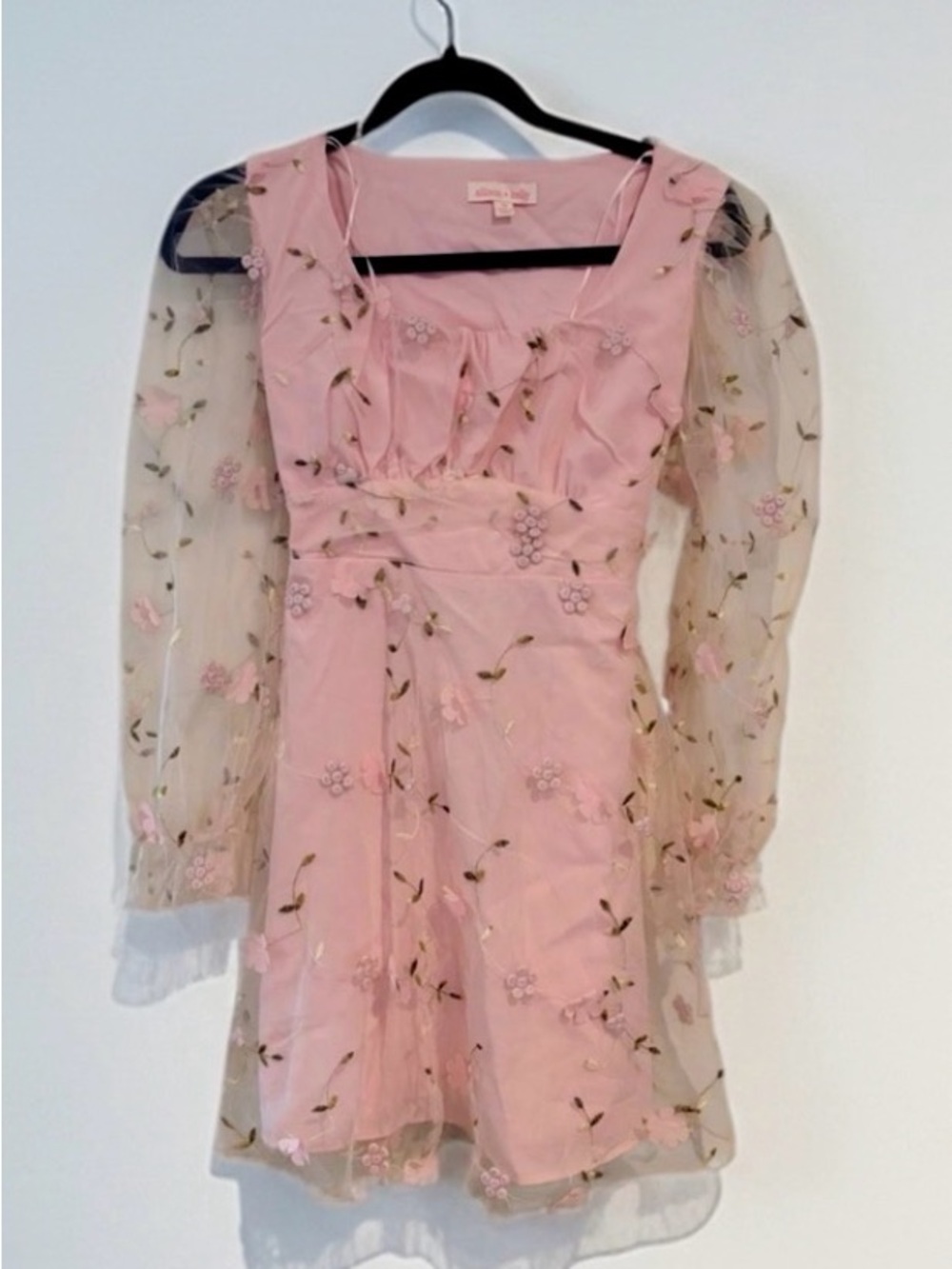 Allison & Kelly Sheer Sleeve Pink Floral Embroidered Mini Dress Mesh Overlay 16 - Picture 5 of 13